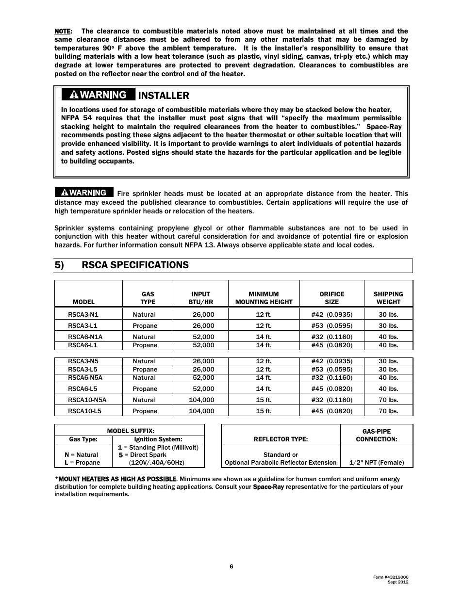 5) rsca specifications, Installer | Space Ray RSCA Series User Manual | Page 7 / 29