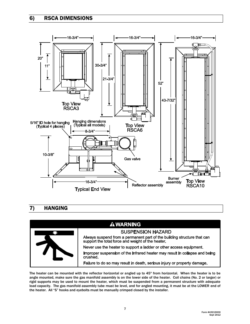 6) rsca dimensions, 7) hanging | Space Ray RSCA Series User Manual | Page 8 / 29