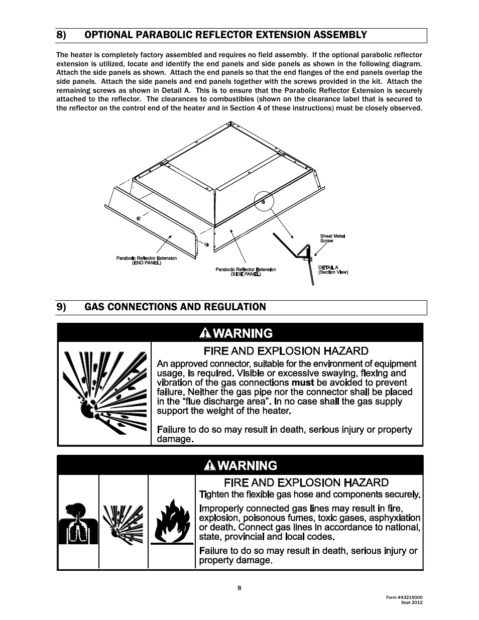 8) optional parabolic reflector extension assembly, 9) gas connections and regulation | Space Ray RSCA Series User Manual | Page 9 / 29