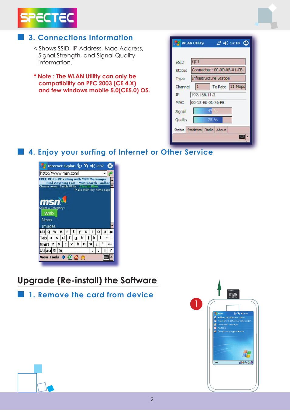 Upgrade (re-install) the software 1, Connections information | Spectec SDW-820/822 Installation User Manual | Page 2 / 3