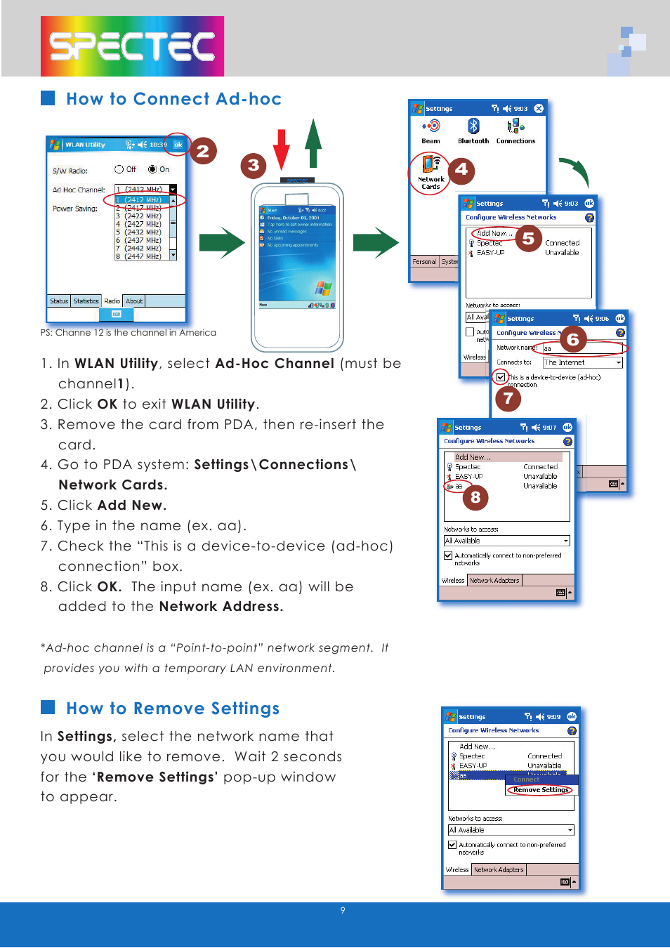 How to connect ad-hoc, How to remove settings | Spectec SDW-820/822 User manual User Manual | Page 11 / 26