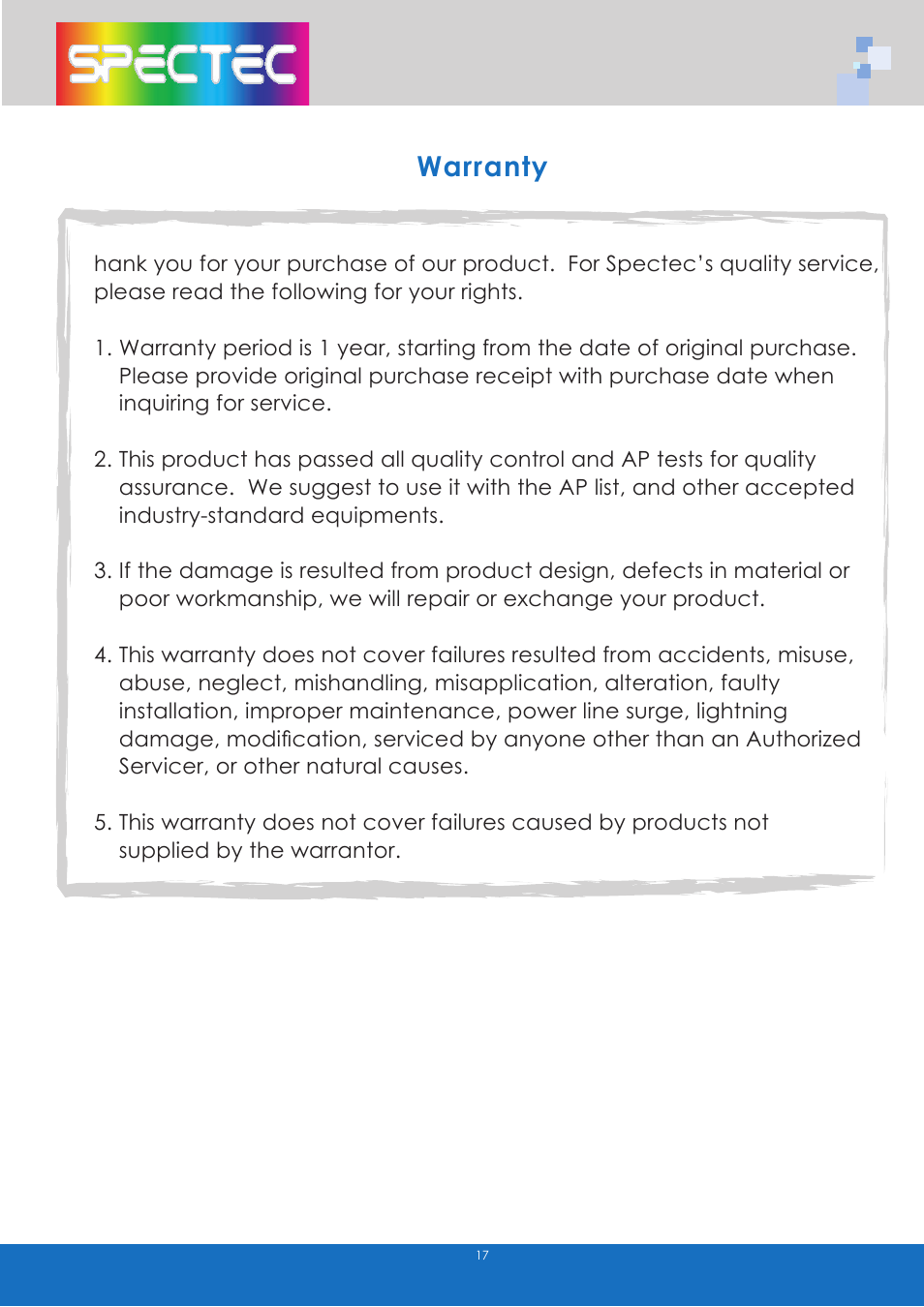 Warranty | Spectec SDW-820/822 User manual User Manual | Page 19 / 26