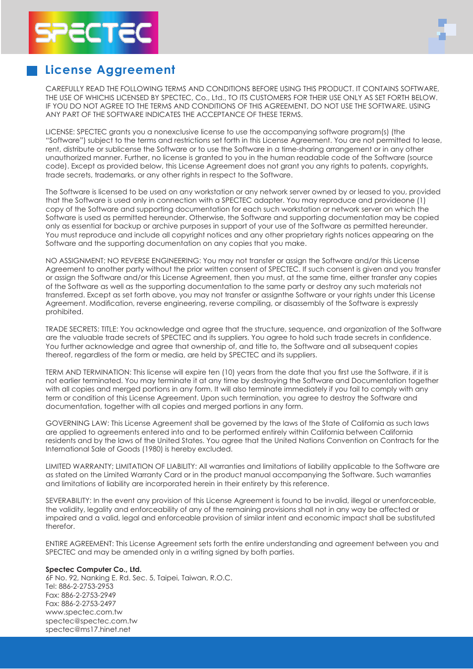 License aggreement | Spectec SDW-820/822 User manual User Manual | Page 20 / 26
