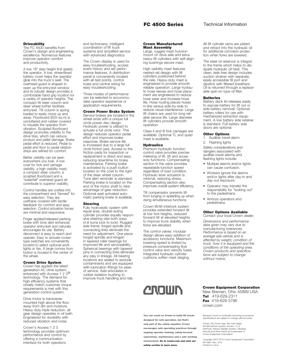 Fc 4500 series | Crown Equipment Sit-down Rider Lift Truck FC 4500 Series User Manual | Page 8 / 8