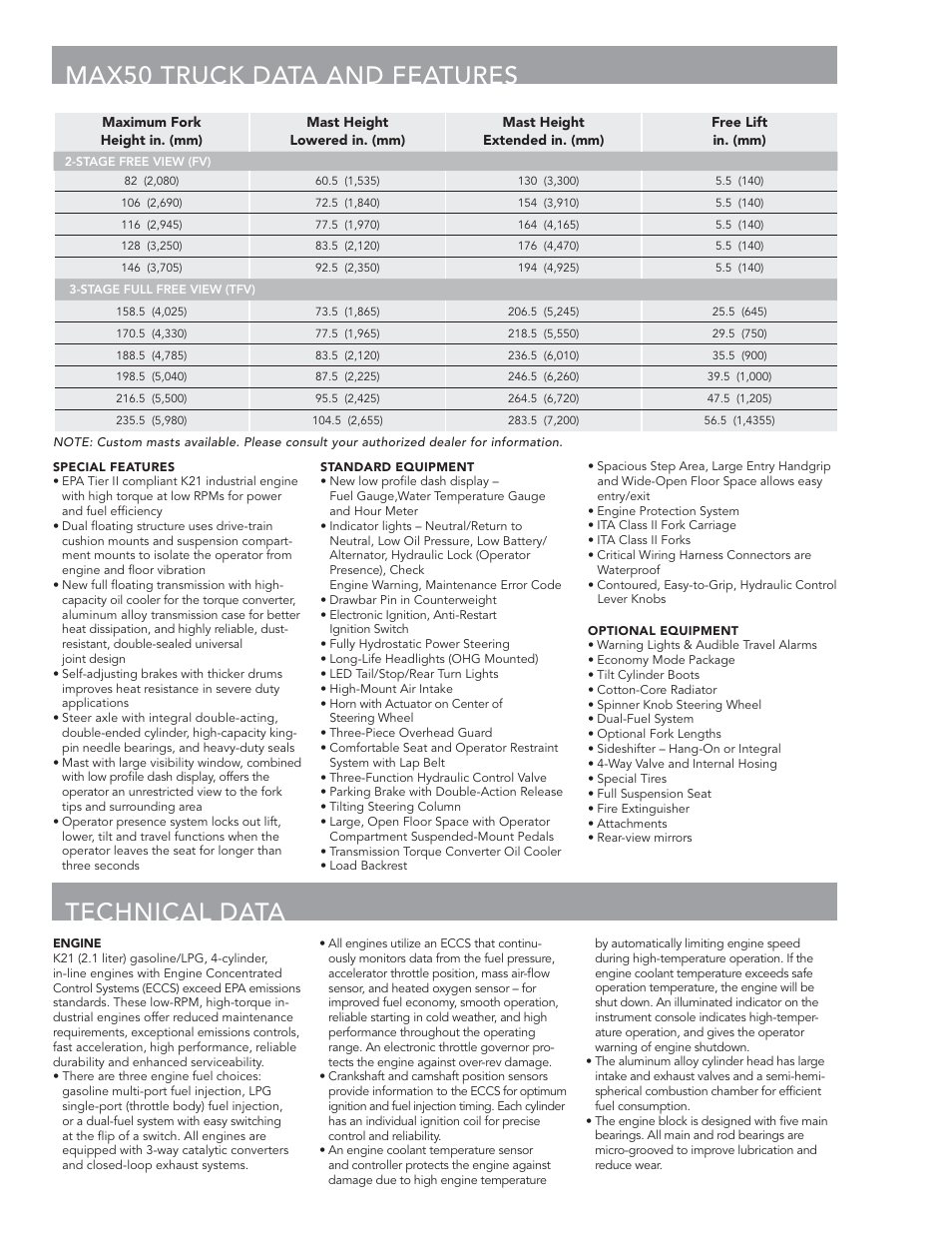 Max50 truck data and features, Technical data | Crown Equipment Cushion Tire Lift Trucks MAX50 User Manual | Page 4 / 6