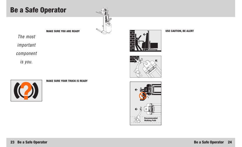 Be a safe operator, The most important component is you, 23 be a safe operator be a safe operator 24 | Crown Equipment M Series User Manual | Page 13 / 16