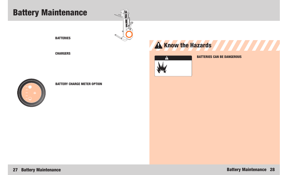 Battery maintenance, Know the hazards, Battery maintenance 28 27 battery maintenance | Crown Equipment M Series User Manual | Page 15 / 16