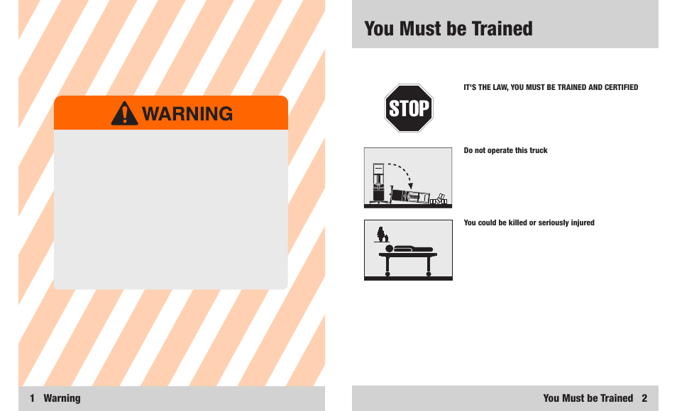 Stop, You must be trained, 1 warning | You must be trained 2 | Crown Equipment M Series User Manual | Page 2 / 16