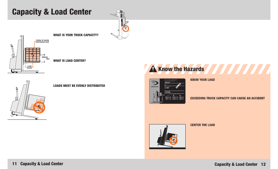 Capacity & load center, Know the hazards, 11 capacity & load center | Capacity & load center 12 | Crown Equipment M Series User Manual | Page 7 / 16