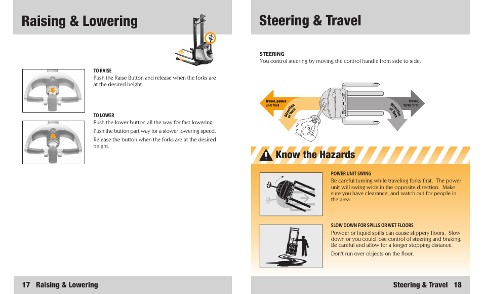 Steering & travel, Raising & lowering, Know the hazards | Steering & travel 18, 17 raising & lowering | Crown Equipment ST/SX User Manual | Page 10 / 16