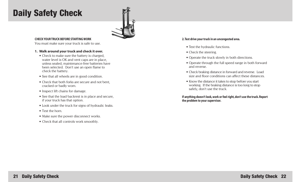 Daily safety check, 21 daily safety check, Daily safety check 22 | Crown Equipment ST/SX User Manual | Page 12 / 16