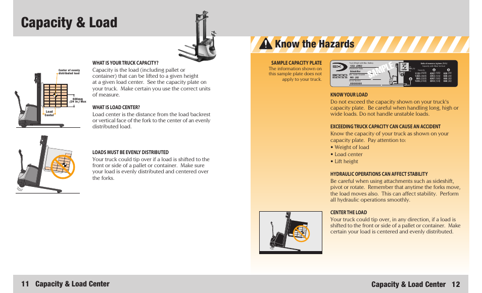 Capacity & load, Know the hazards, Sample | 11 capacity & load center, Capacity & load center 12 | Crown Equipment ST/SX User Manual | Page 7 / 16