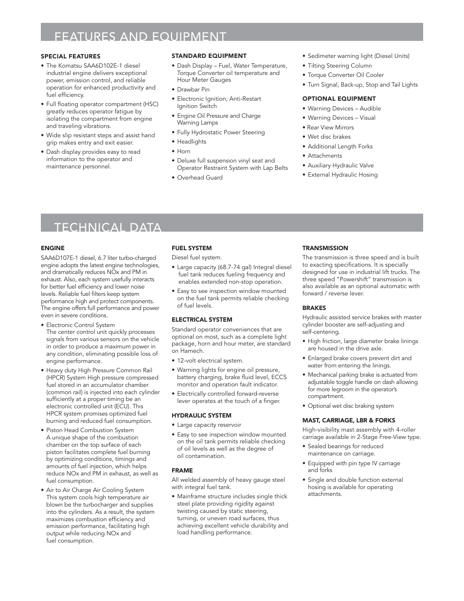 Features and equipment technical data | Crown Equipment Pneumatic Tire Lift Trucks MEX50 User Manual | Page 6 / 8