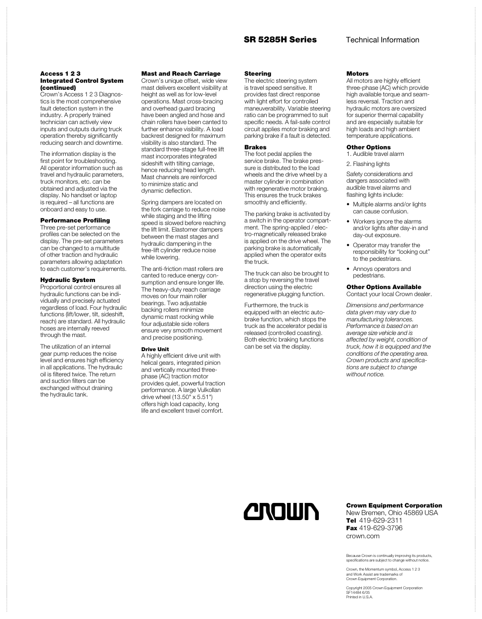 Crown Equipment Reach Truck SR 5285H Series User Manual | Page 6 / 6