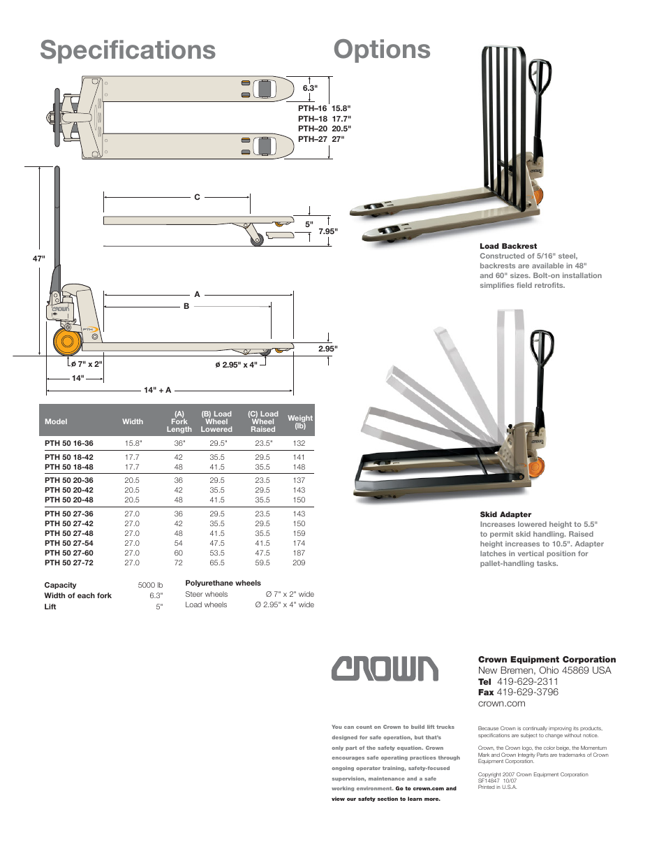 Specifications, Options | Crown Equipment PTH 50 Series User Manual | Page 3 / 3