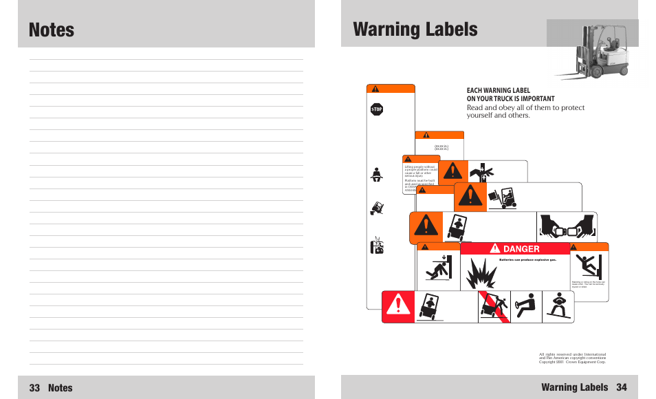 Warning labels 34, Warni g n, Warning | Danger | Crown Equipment 4000 Series User Manual | Page 18 / 18