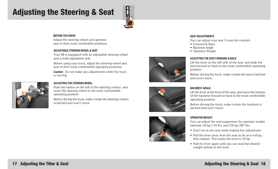 Adjusting the steering & seat, 17 adjusting the tiller & seat, Adjusting the steering & seat 18 | Crown Equipment SR 5200 User Manual | Page 10 / 20