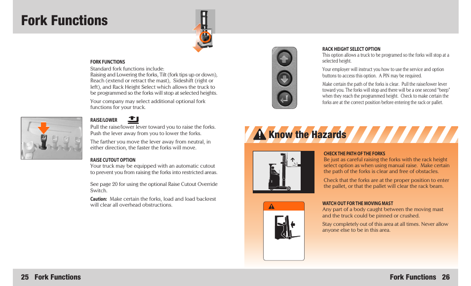 Fork functions, Know the hazards, 25 fork functions | Fork functions 26 | Crown Equipment SR 5200 User Manual | Page 14 / 20