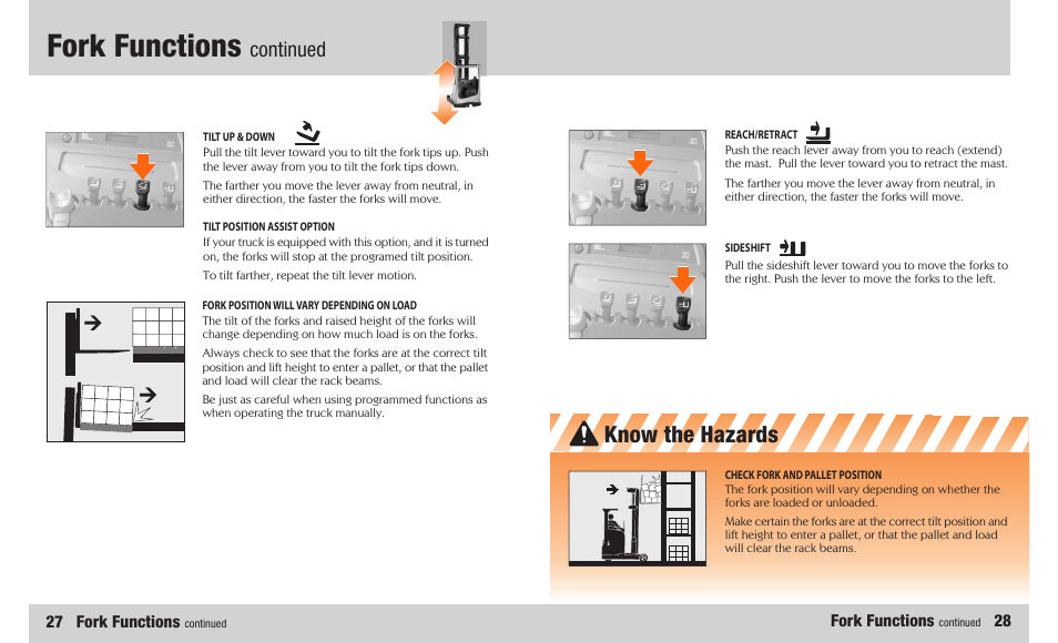 Fork functions, Know the hazards, Continued | 27 fork functions | Crown Equipment SR 5200 User Manual | Page 15 / 20