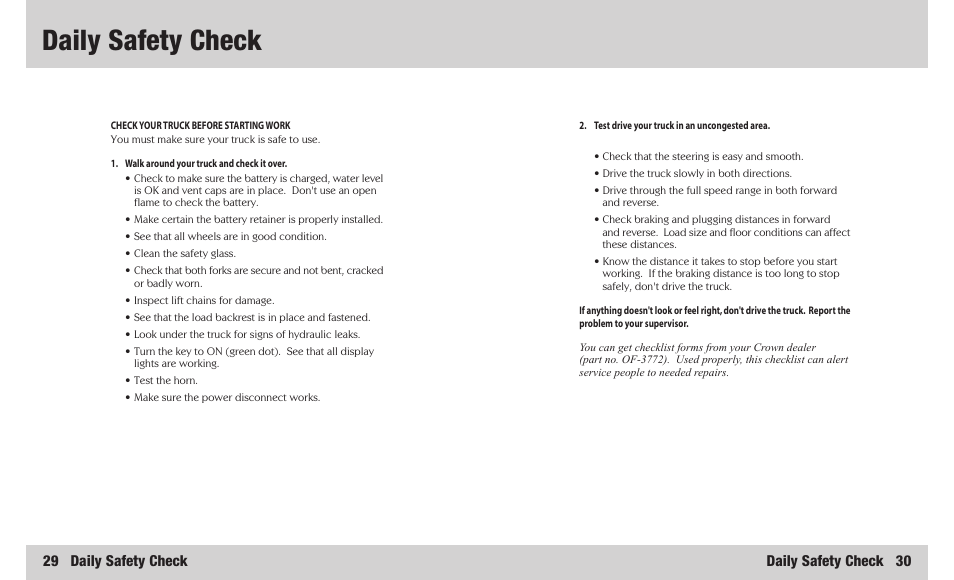 Daily safety check, 29 daily safety check, Daily safety check 30 | Crown Equipment SR 5200 User Manual | Page 16 / 20