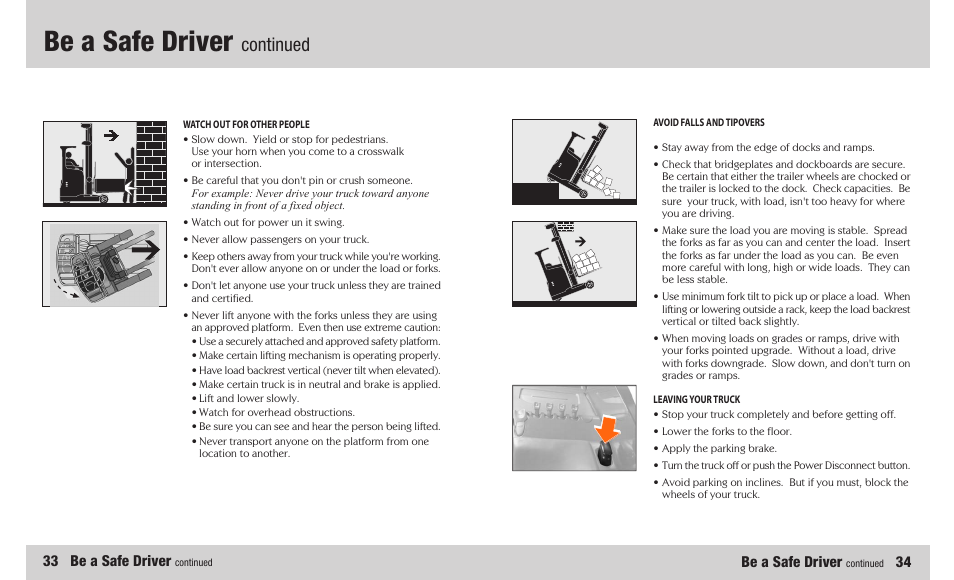 Be a safe driver, Continued, 33 be a safe driver | Crown Equipment SR 5200 User Manual | Page 18 / 20