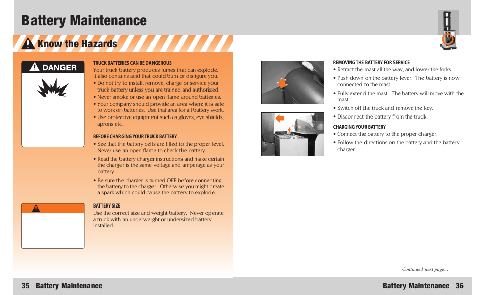 Battery maintenance, Know the hazards, 35 battery maintenance | Battery maintenance 36, Warning | Crown Equipment SR 5200 User Manual | Page 19 / 20