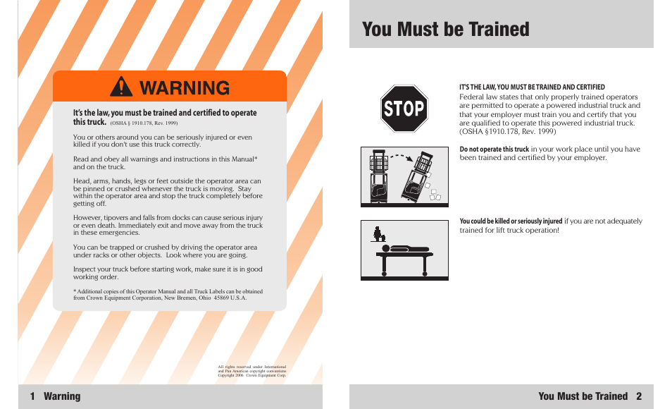 You must be trained, 1 warning, You must be trained 2 | Crown Equipment SR 5200 User Manual | Page 2 / 20