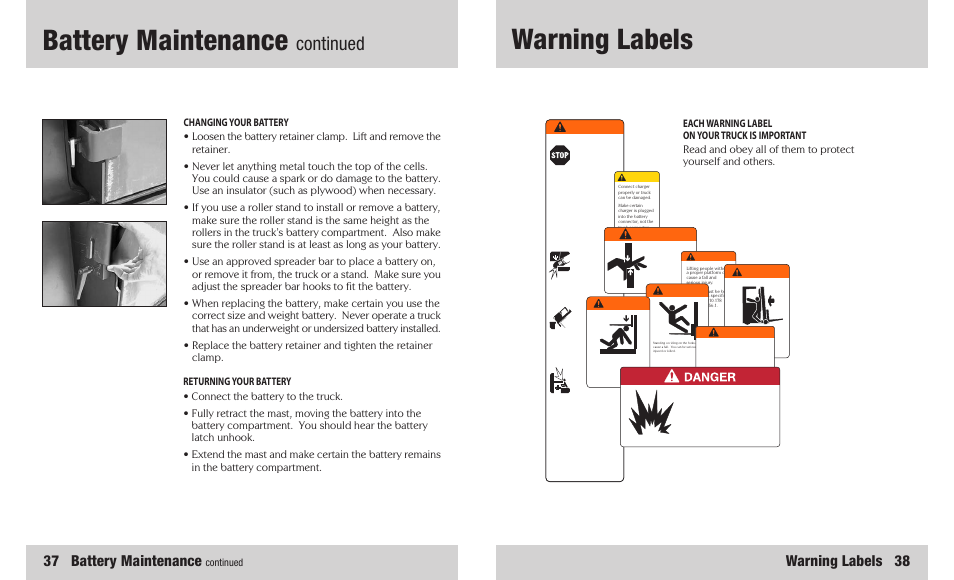 Battery maintenance, Warning labels, 37 battery maintenance | Warning labels 38, Continued | Crown Equipment SR 5200 User Manual | Page 20 / 20