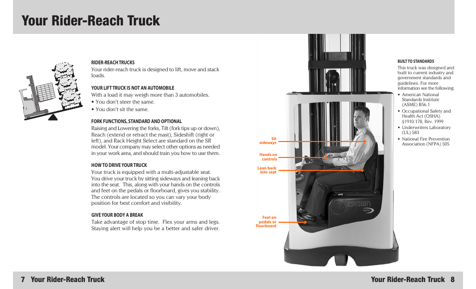 Your rider-reach truck, 7 your rider-reach truck, Your rider-reach truck 8 | Crown Equipment SR 5200 User Manual | Page 5 / 20