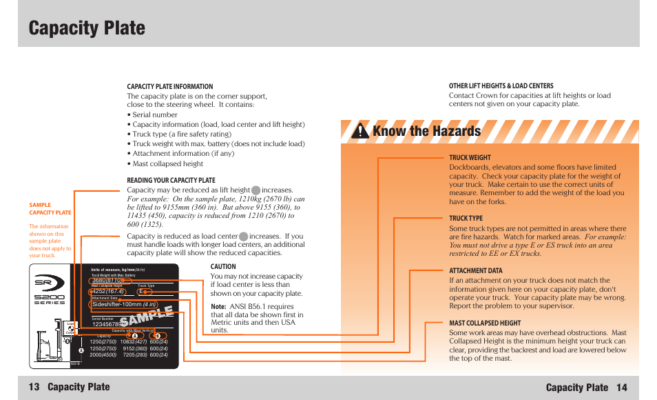 Capacity plate, Know the hazards, 13 capacity plate | Capacity plate 14 | Crown Equipment SR 5200 User Manual | Page 8 / 20