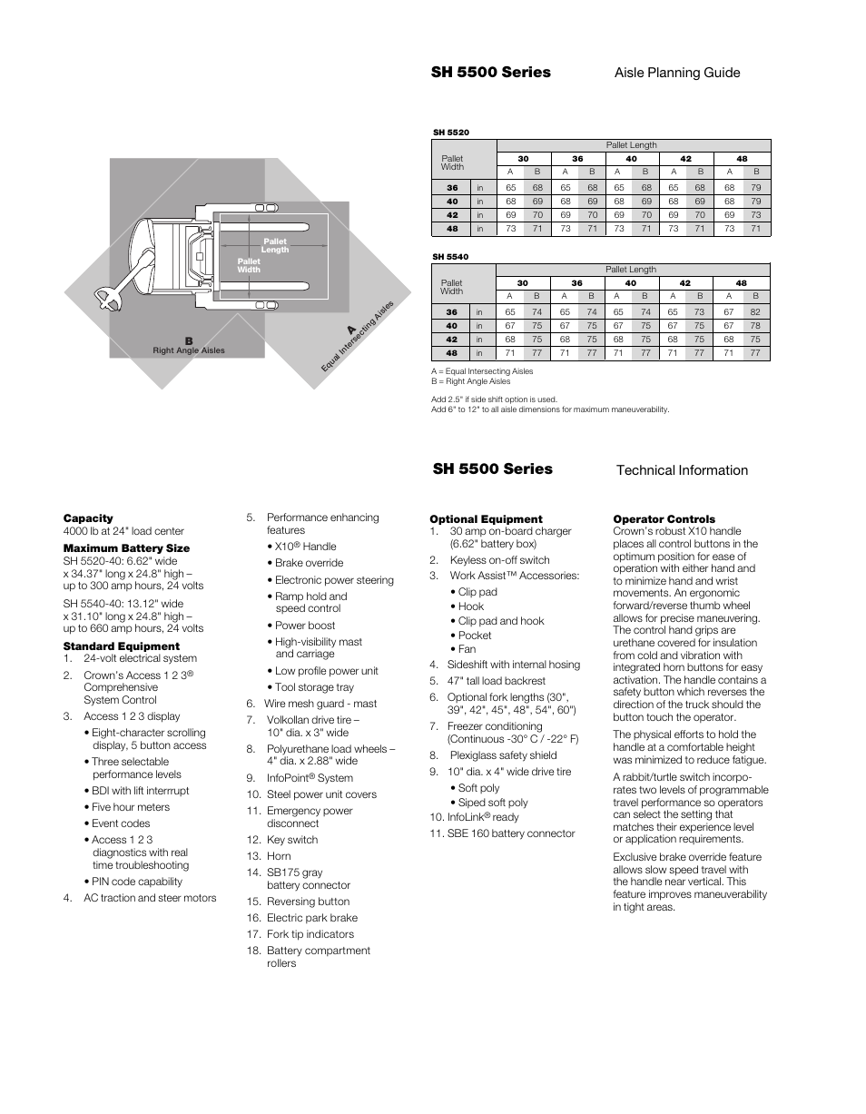 Sh 5500 series, Aisle planning guide, Technical information | Crown Equipment Heavy-Duty Walkie Straddle Stacker SH 5500 Series User Manual | Page 4 / 6