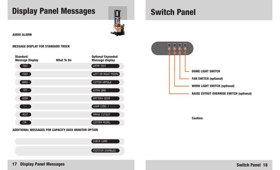 Display panel messages, Switch panel, 17 display panel messages | Switch panel 18 | Crown Equipment RR 5200S Series User Manual | Page 10 / 22