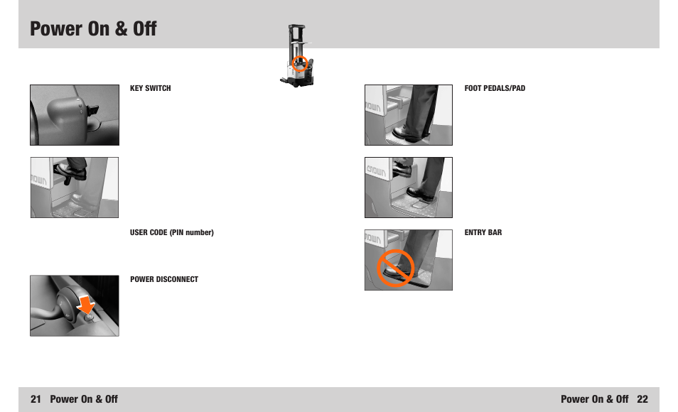 Power on & off, Power on & off 22, 21 power on & off | Crown Equipment RR 5200S Series User Manual | Page 12 / 22