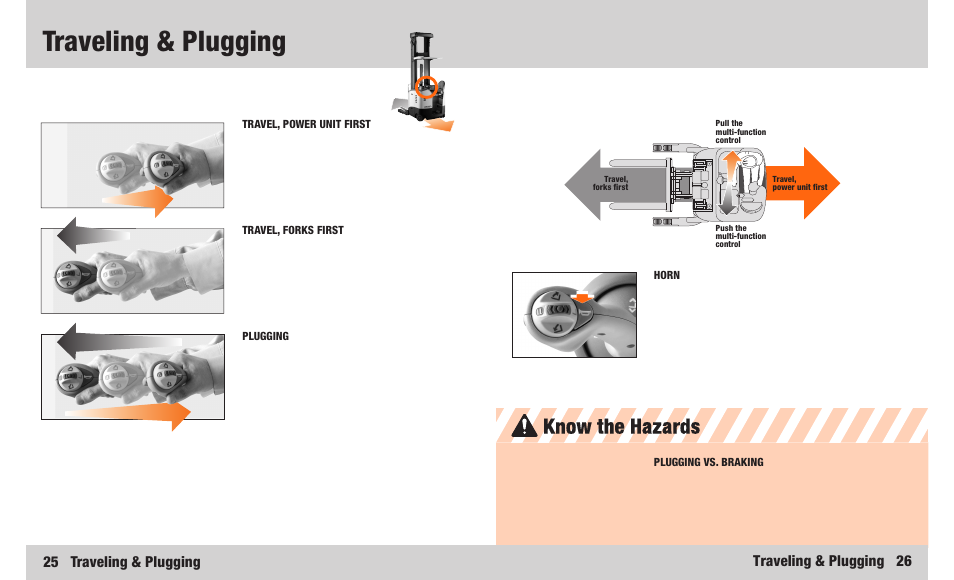 Traveling & plugging, Know the hazards, Traveling & plugging 26 25 traveling & plugging | Crown Equipment RR 5200S Series User Manual | Page 14 / 22