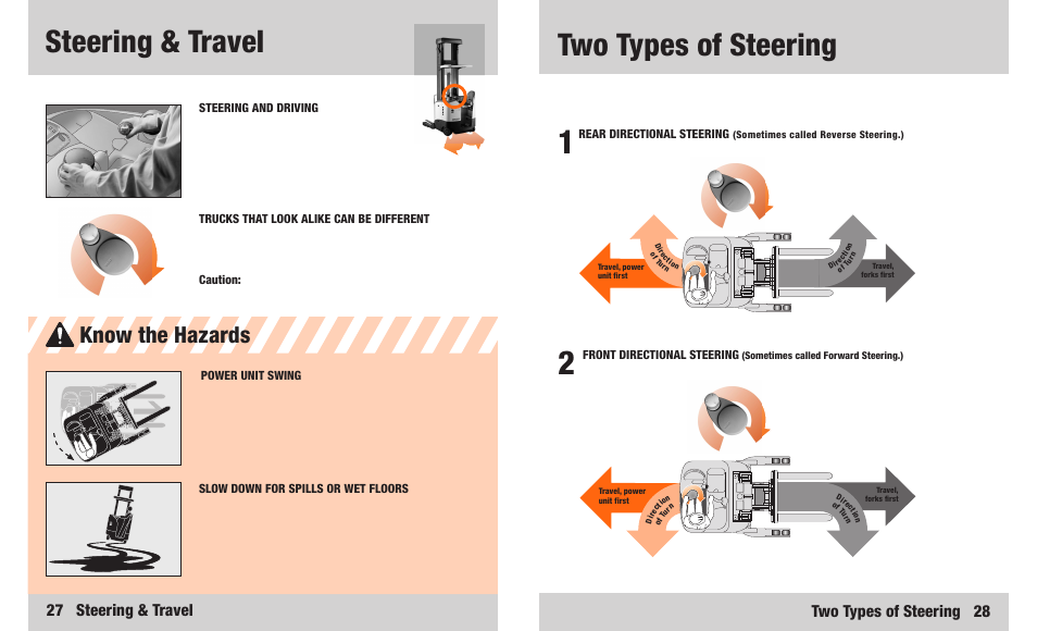 Two types of steering, Steering & travel, Know the hazards | Two types of steering 28, 27 steering & travel | Crown Equipment RR 5200S Series User Manual | Page 15 / 22