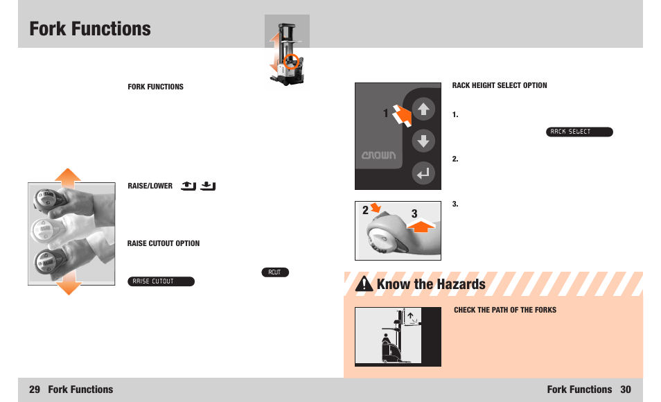 Fork functions, Know the hazards, 29 fork functions | Fork functions 30 | Crown Equipment RR 5200S Series User Manual | Page 16 / 22