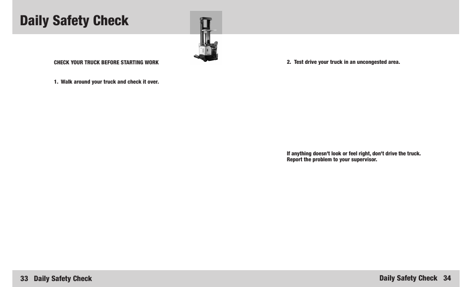 Daily safety check, 33 daily safety check, Daily safety check 34 | Crown Equipment RR 5200S Series User Manual | Page 18 / 22