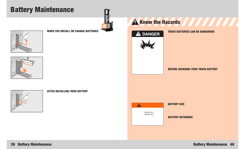 Battery maintenance, Know the hazards, 39 battery maintenance | Battery maintenance 40, Warning | Crown Equipment RR 5200S Series User Manual | Page 21 / 22