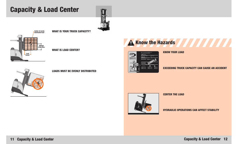 Capacity & load center, Know the hazards, 11 capacity & load center | Capacity & load center 12, Sample | Crown Equipment RR 5200S Series User Manual | Page 7 / 22