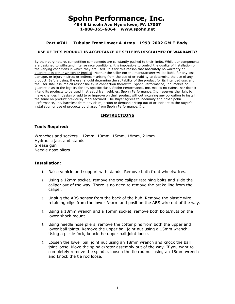 Spohn 741 User Manual | 2 pages