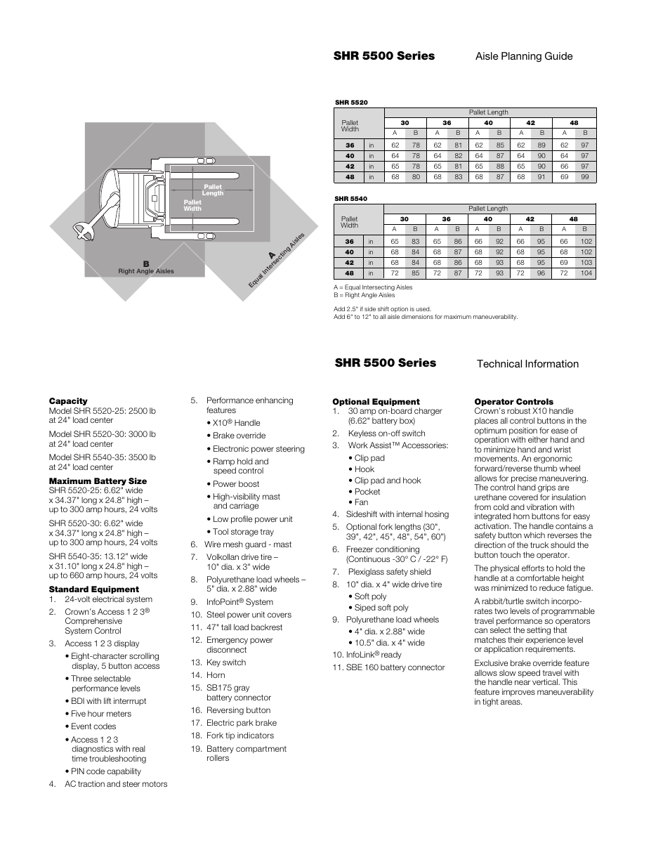 Shr 5500 series, Aisle planning guide, Technical information | Crown Equipment Heavy-Duty Walkie Reach Stacker SHR 5500 Series User Manual | Page 4 / 6