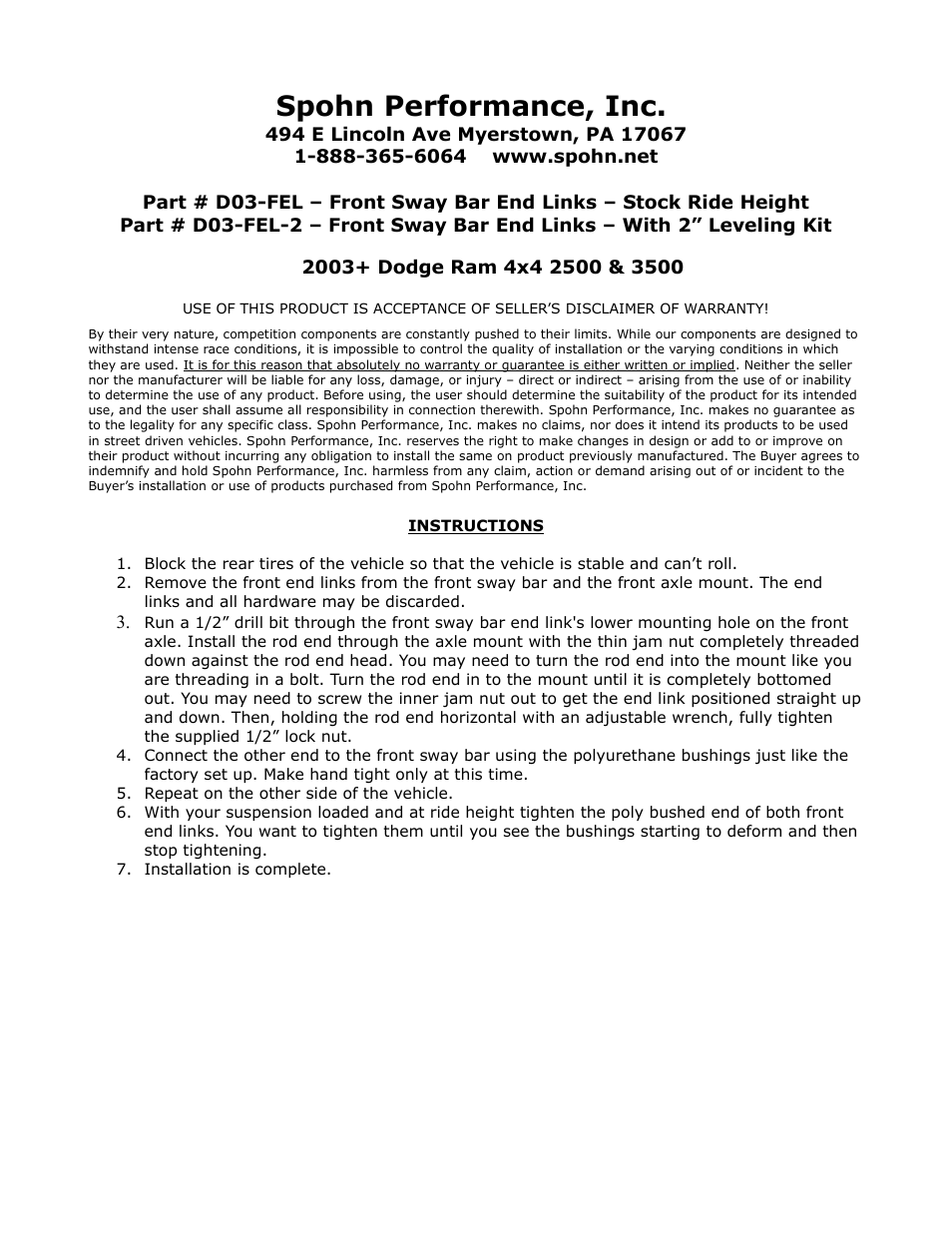 Spohn D03-FEL-2 User Manual | 2 pages