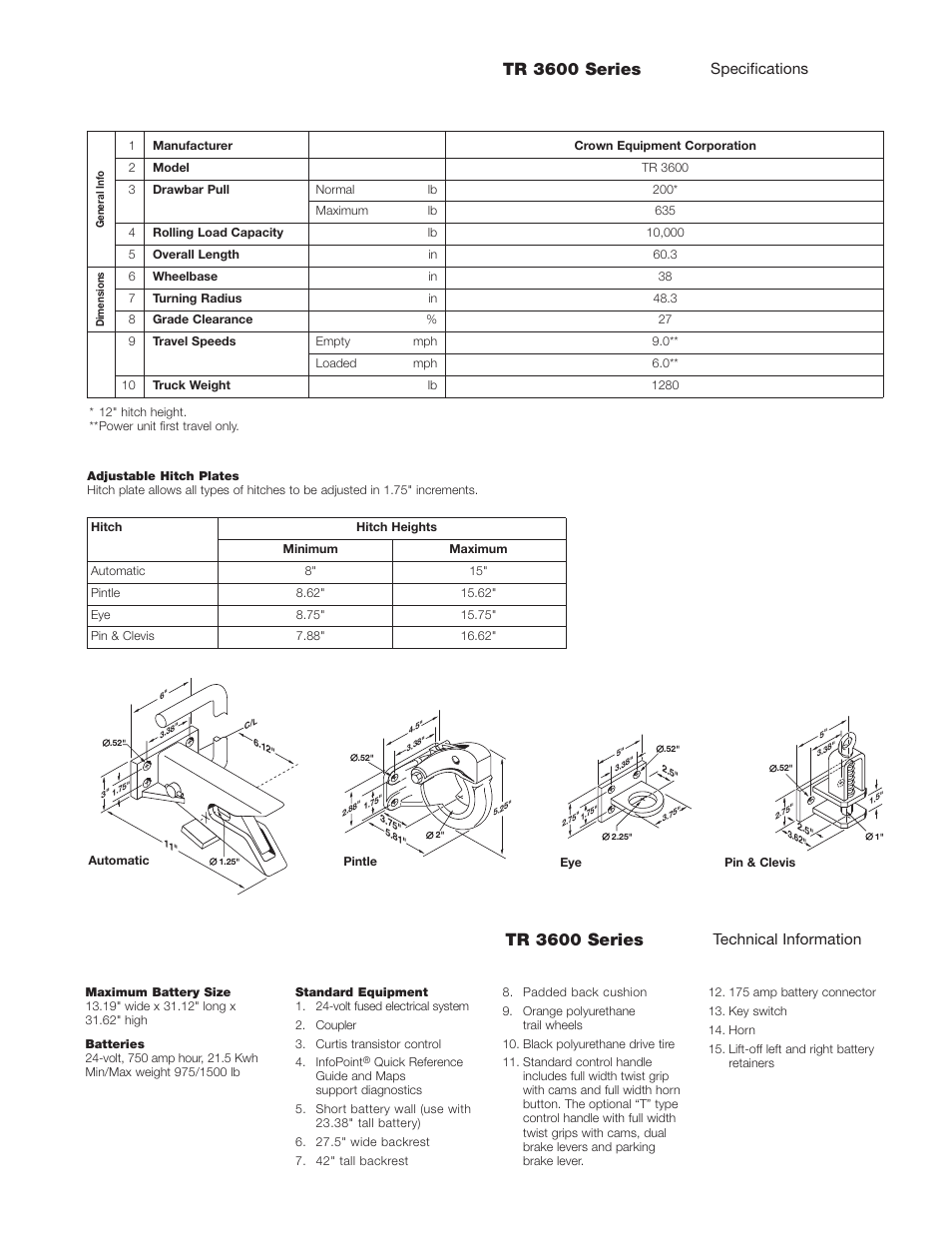 Tr 3600 series, Specifications, Technical information | Crown Equipment TR 3600 User Manual | Page 3 / 4