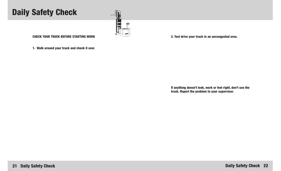 Daily safety check, 21 daily safety check, Daily safety check 22 | Crown Equipment WB Series User Manual | Page 12 / 16