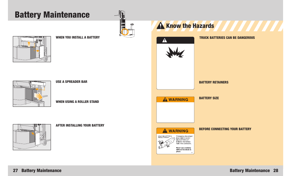 Battery maintenance, Know the hazards, 27 battery maintenance | Battery maintenance 28, Danger | Crown Equipment WB Series User Manual | Page 15 / 16