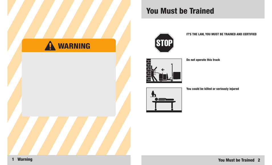 Stop, You must be trained, Warning | Crown Equipment WB Series User Manual | Page 2 / 16