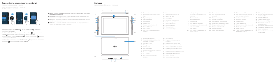 Features, Connecting to your network — optional | Dell Venue 10 Pro 5056 User Manual | Page 2 / 2