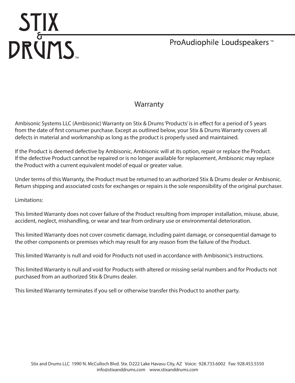 Warranty | Stix & Drums STX 6600 User Manual | Page 12 / 12