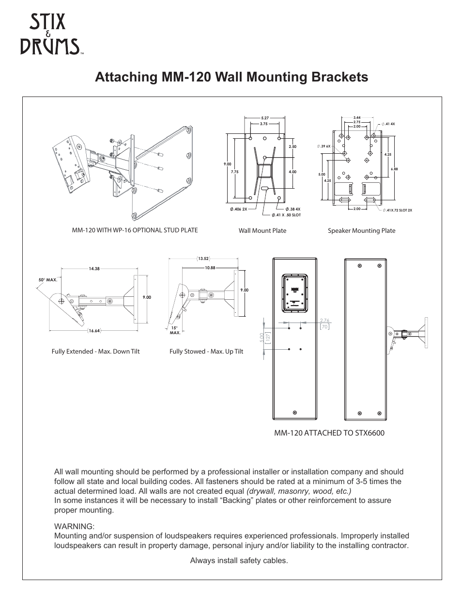 Mm-120 wall mounting bracket, Attaching mm-120 wall mounting brackets | Stix & Drums STX 6600 User Manual | Page 8 / 12