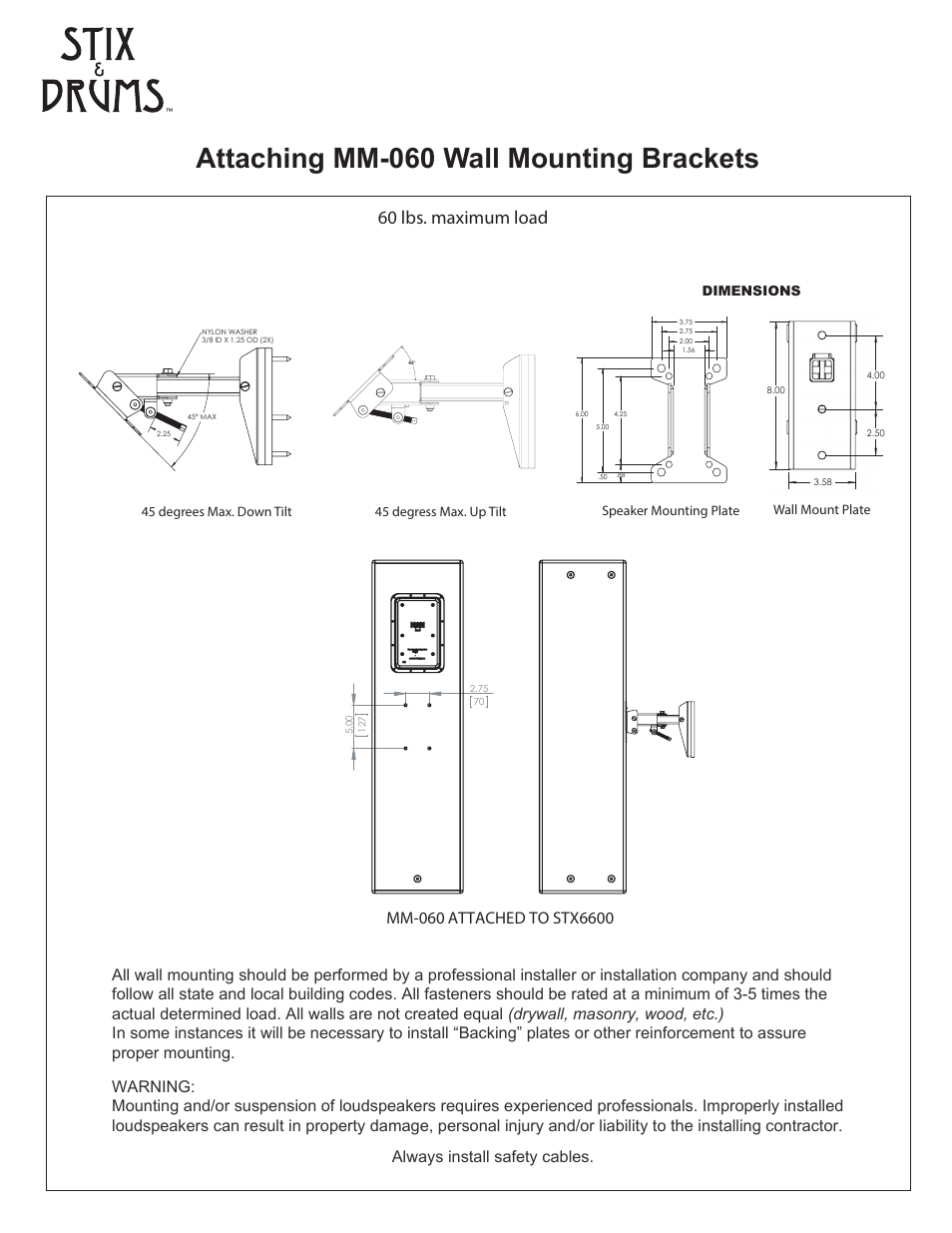 Mm-060 wall mounting bracket, Attaching mm-060 wall mounting brackets, Rear mounted illustration (8" arm tube) | 60 lbs. maximum load, Wall mount plate | Stix & Drums STX 6600 User Manual | Page 9 / 12